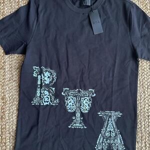 RtA luxury streetwear Liam illuminated logo black cotton tee w. blue design NWT